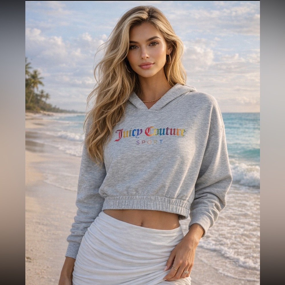Juicy Couture Gray Cropped Hoodie with Rainbow Logo